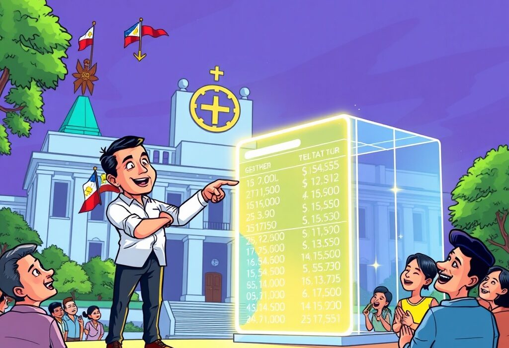 Cartoon shows a senator advocating for Philippine budget blockchain transparency, symbolizing secure digital tracking of national funds.