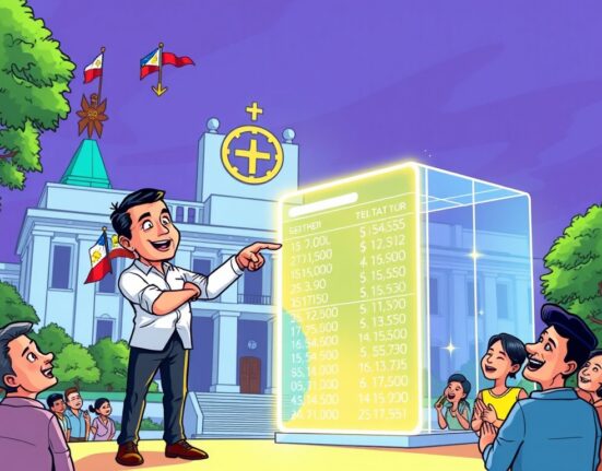 Cartoon shows a senator advocating for Philippine budget blockchain transparency, symbolizing secure digital tracking of national funds.