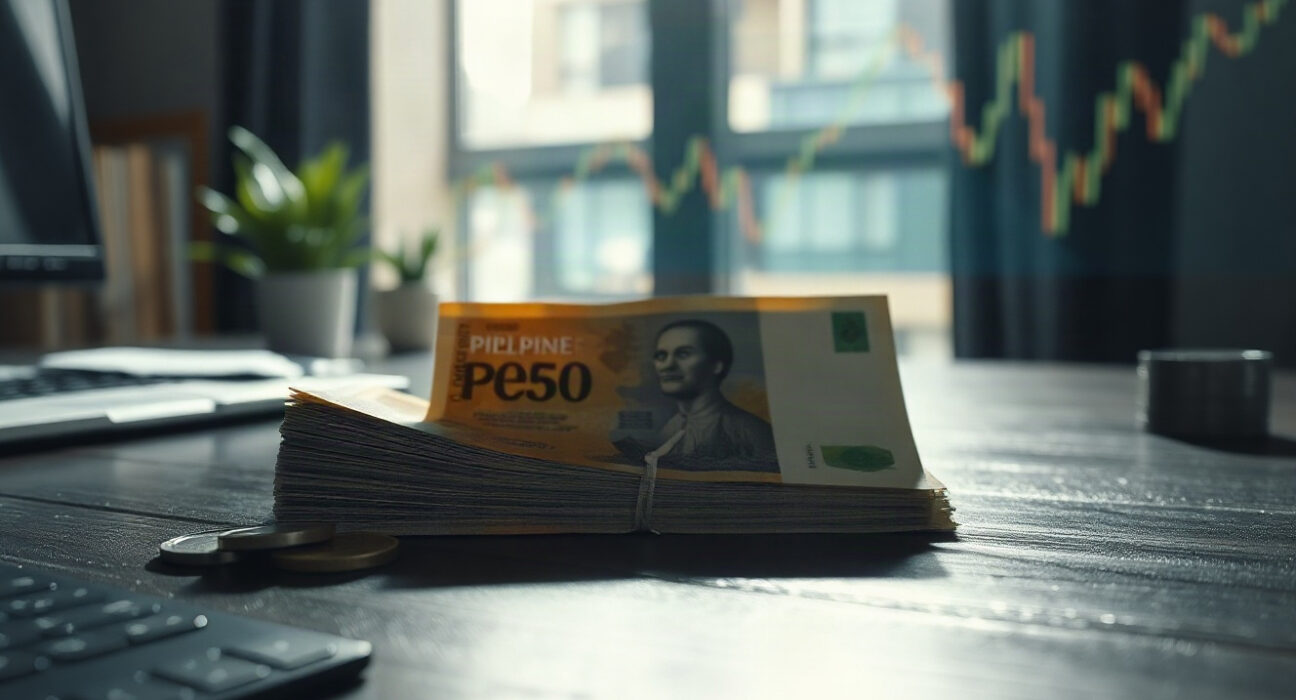 Philippine peso banknotes and coins on a desk, symbolizing currency and monetary policy.