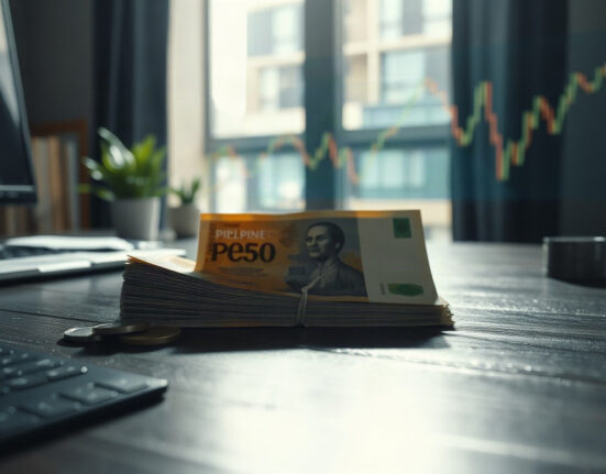 Philippine peso banknotes and coins on a desk, symbolizing currency and monetary policy.