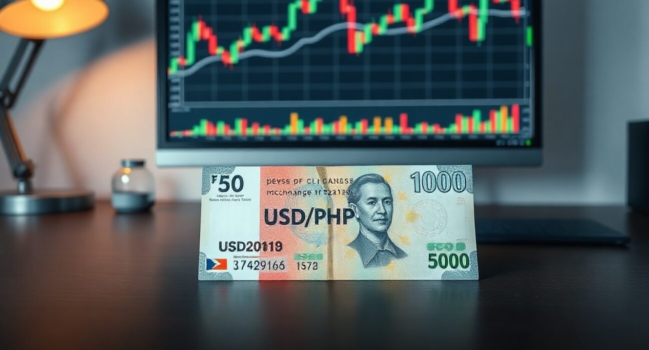 Philippine peso banknote on a desk with a financial chart in the background