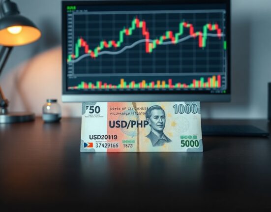 Philippine peso banknote on a desk with a financial chart in the background