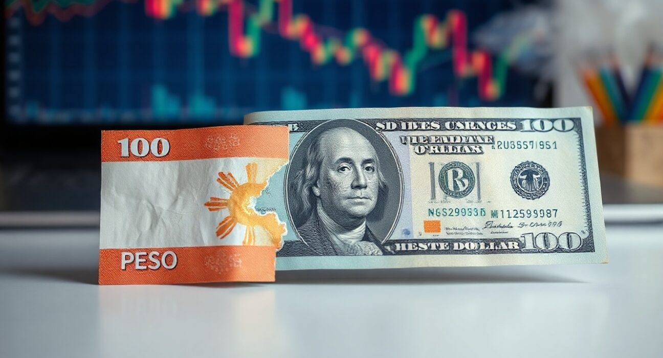 Philippine peso and US dollar banknotes side by side, symbolizing the USD/PHP exchange rate analysis.