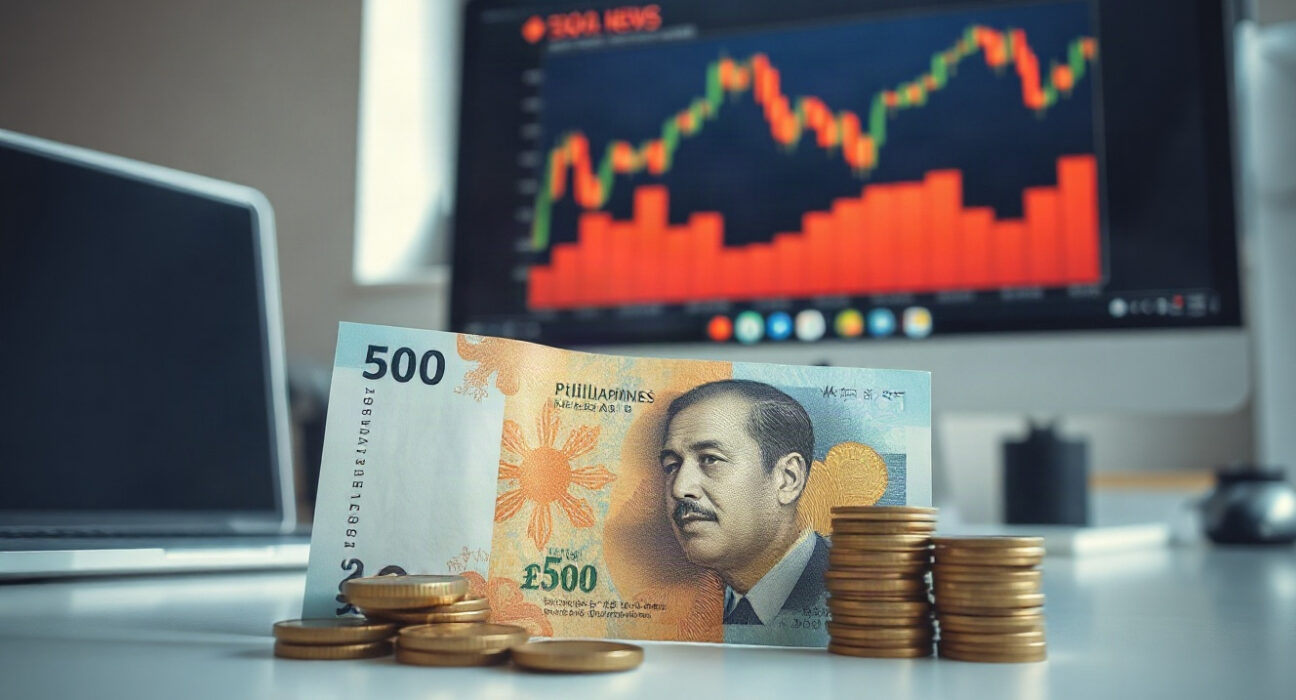 Philippine peso banknotes and coins on a desk with a currency chart in the background