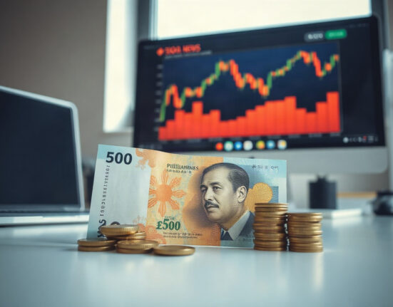 Philippine peso banknotes and coins on a desk with a currency chart in the background