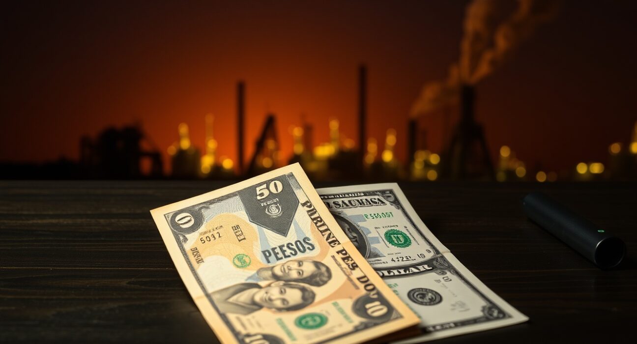Philippine peso banknotes and US dollars on a desk with an oil refinery background