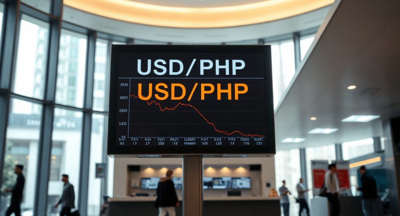 Digital currency exchange board showing USD/PHP rate with downward trend in a Manila bank lobby