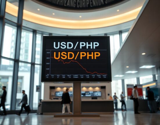 Digital currency exchange board showing USD/PHP rate with downward trend in a Manila bank lobby