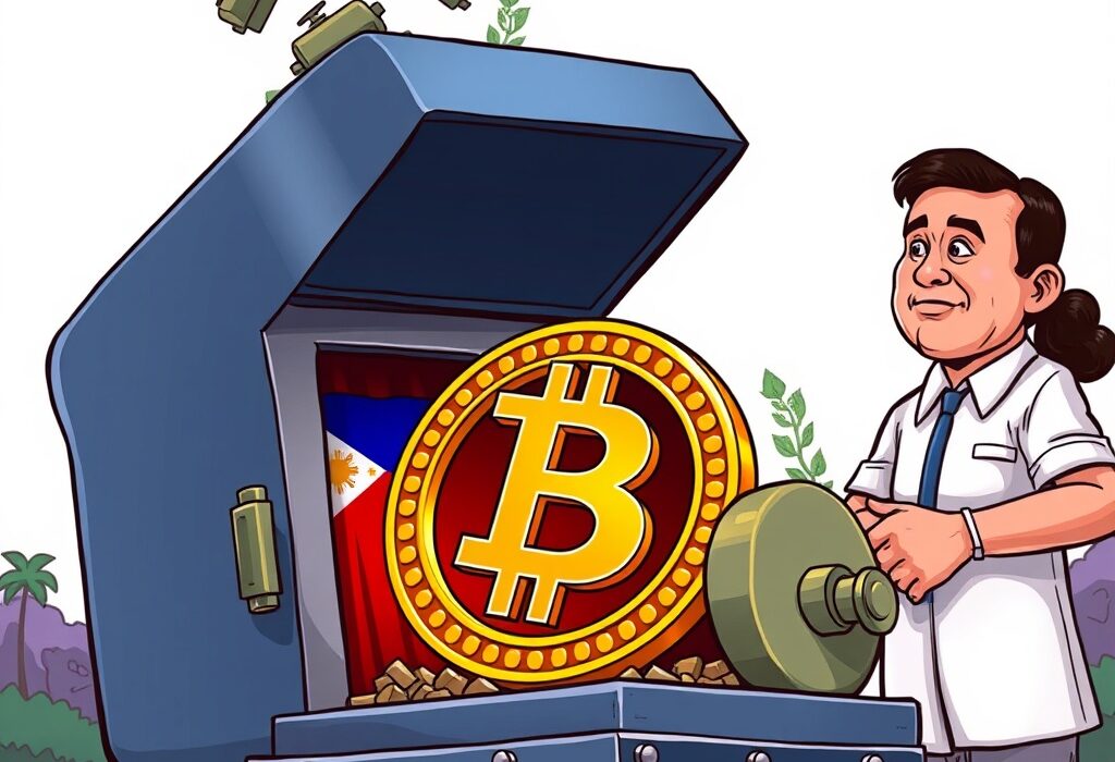 A cartoon illustration showing a large Bitcoin being secured in a vault, symbolizing the Philippines' new strategic Bitcoin reserve.
