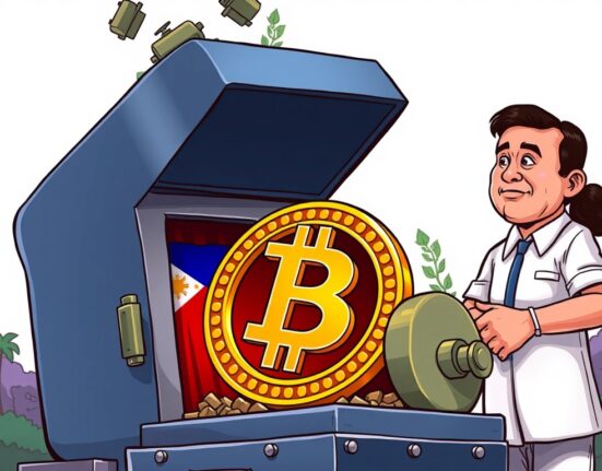 A cartoon illustration showing a large Bitcoin being secured in a vault, symbolizing the Philippines' new strategic Bitcoin reserve.