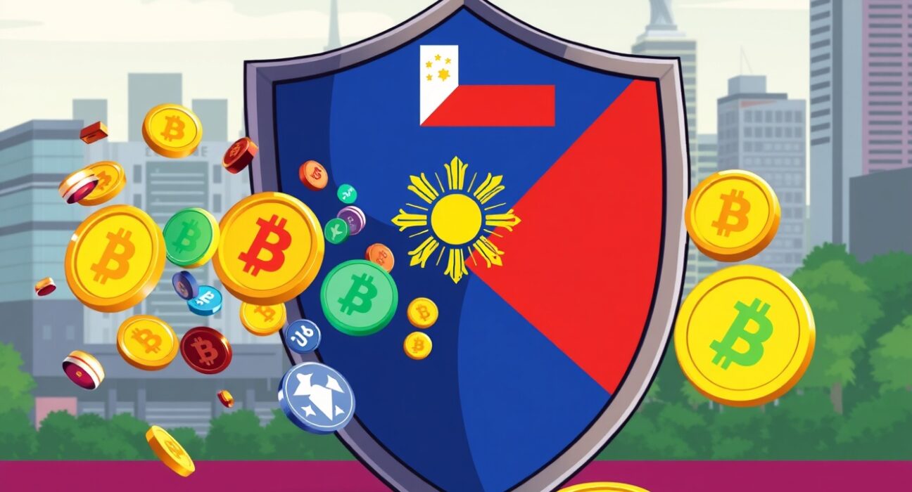 Cartoon illustration of the Philippines blocking unregistered cryptocurrency exchanges with a large shield.