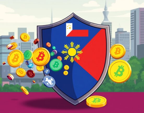 Cartoon illustration of the Philippines blocking unregistered cryptocurrency exchanges with a large shield.