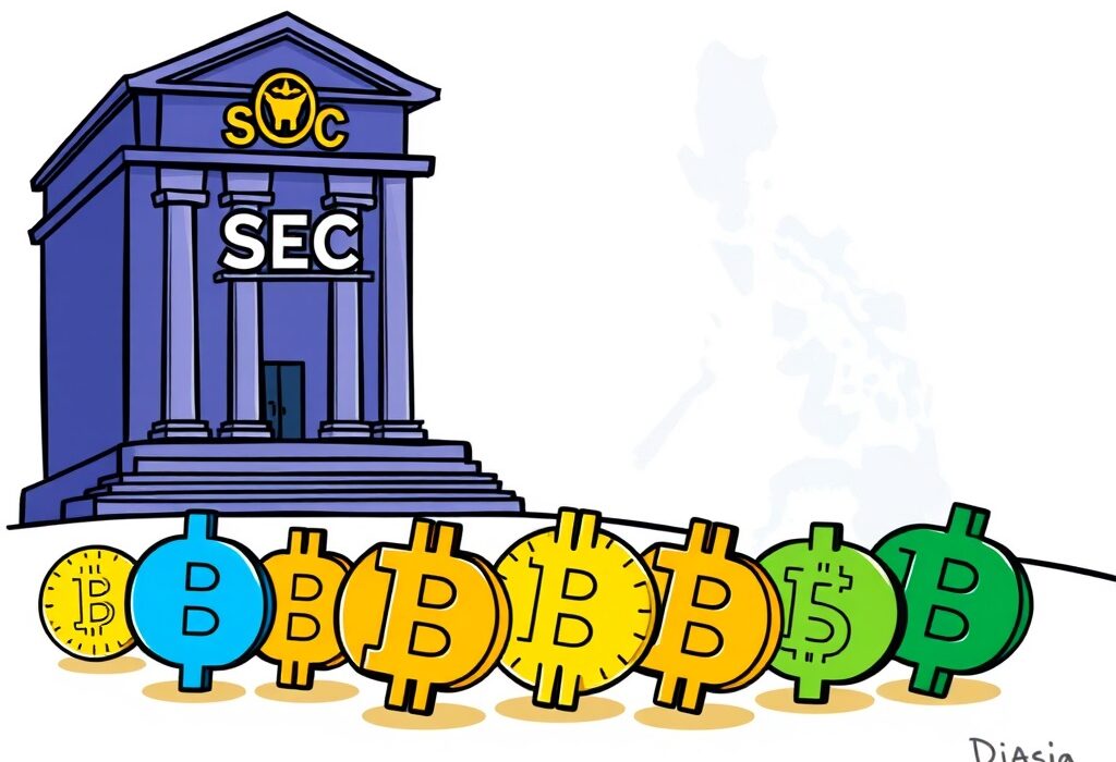 A cartoon illustration showing the Philippines SEC overseeing crypto exchanges, symbolizing new Philippines crypto regulation and authorization requirements.