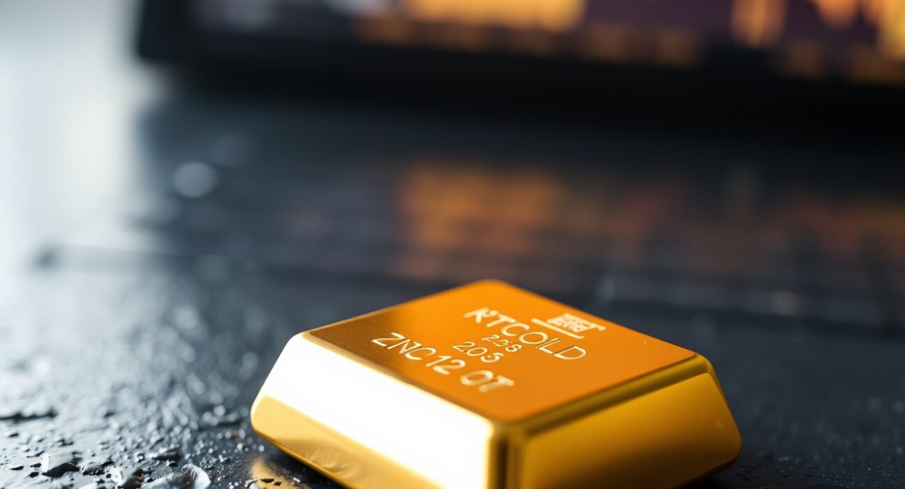 Close-up of a gold bar against a dark background with a financial ticker reflection.