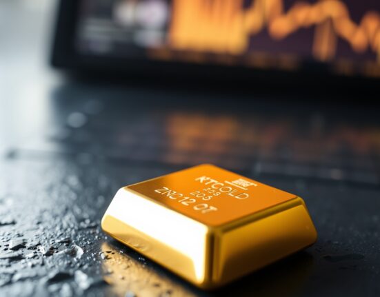 Close-up of a gold bar against a dark background with a financial ticker reflection.