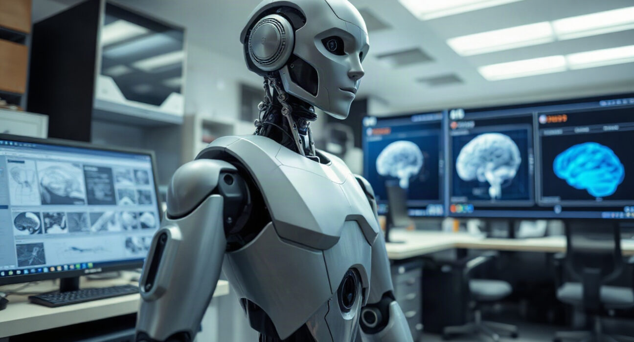 Humanoid robot in a robotics lab with data screens in background