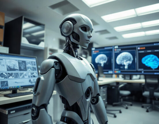 Humanoid robot in a robotics lab with data screens in background