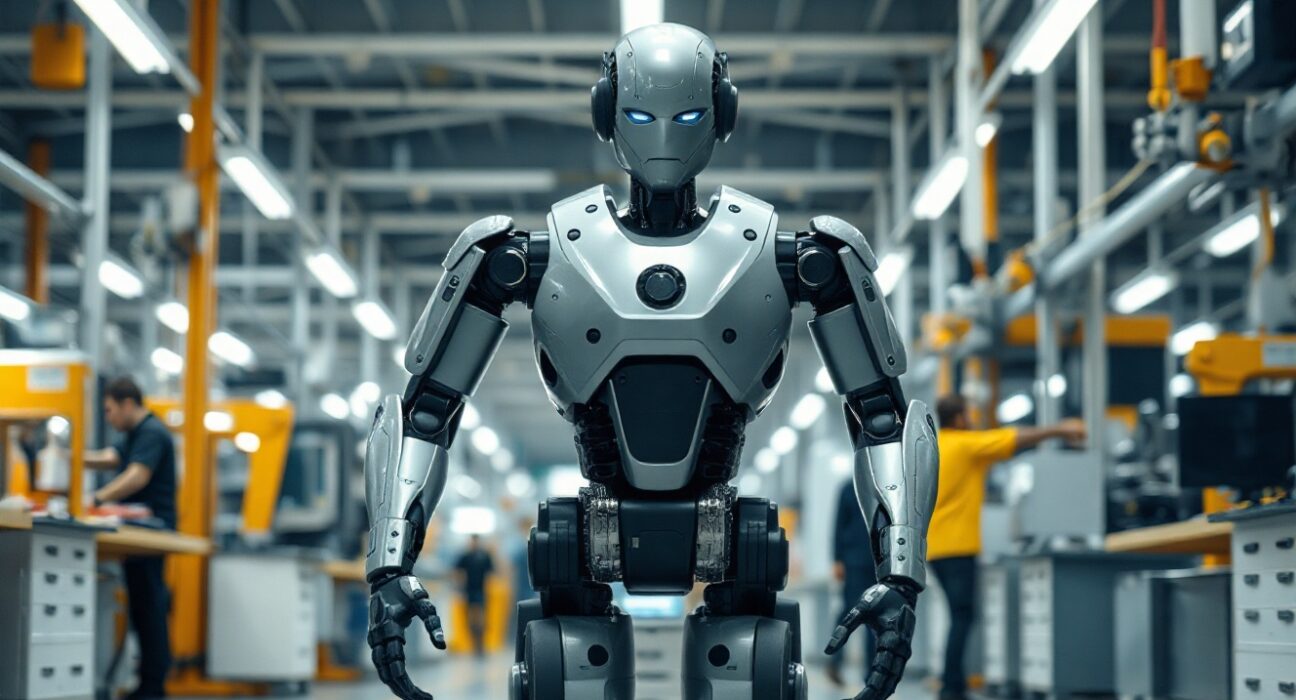 Humanoid robot on a modern factory floor, representing Physical AI deployment in industrial settings.