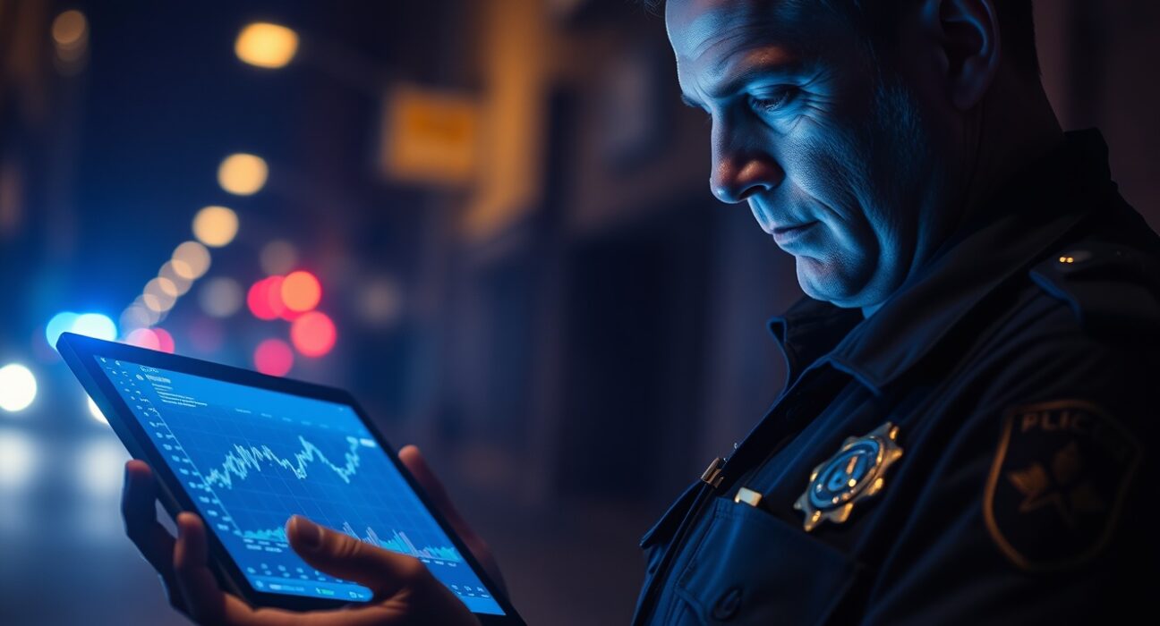 Law enforcement officer analyzing blockchain data on a tablet during a crypto crime investigation