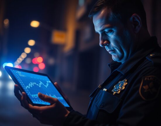 Law enforcement officer analyzing blockchain data on a tablet during a crypto crime investigation