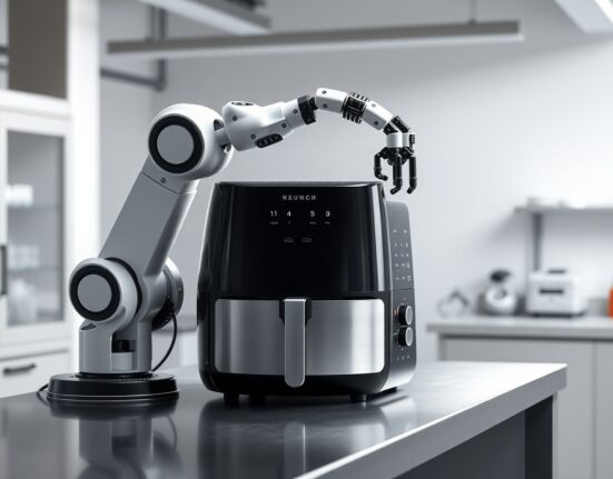 Physical Intelligence's robotic arm interacting with an air fryer in a research lab, demonstrating AI compositional generalization.