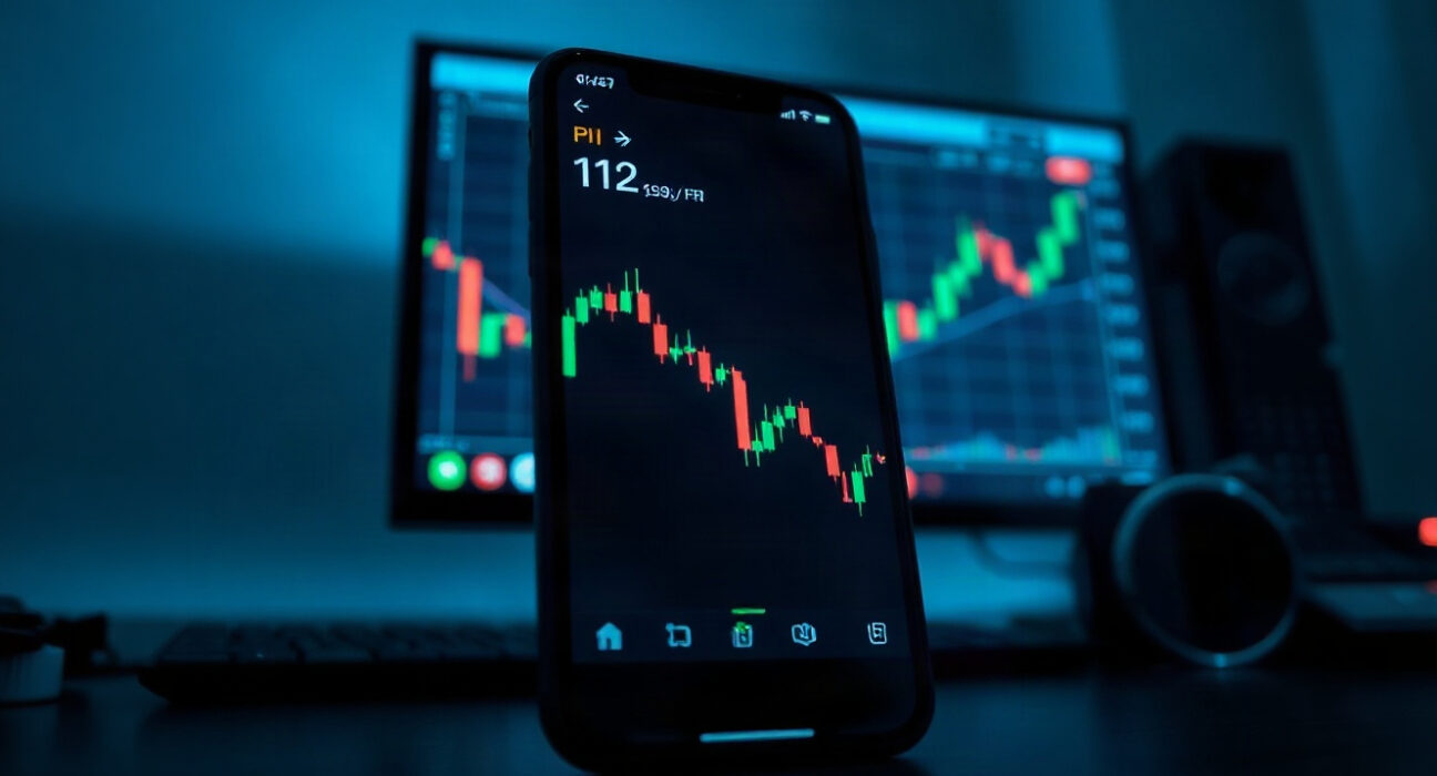 Pi Network price chart on a smartphone showing a decline below $0.10 amid Protocol 27 testnet upgrade.