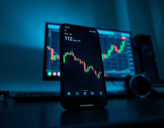 Pi Network price chart on a smartphone showing a decline below $0.10 amid Protocol 27 testnet upgrade.