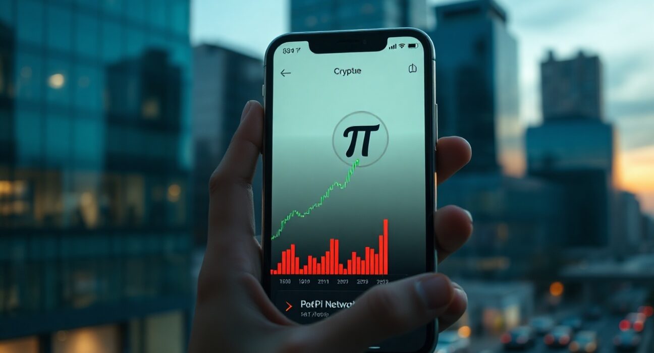 Hand holding a smartphone displaying a Pi Network price chart with upward trend