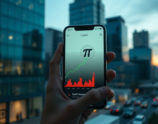 Hand holding a smartphone displaying a Pi Network price chart with upward trend