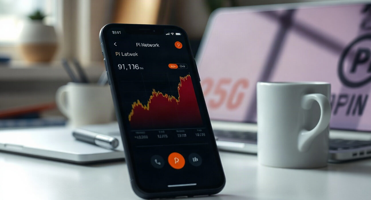 Pi Network app on smartphone showing PI price chart with upward trend