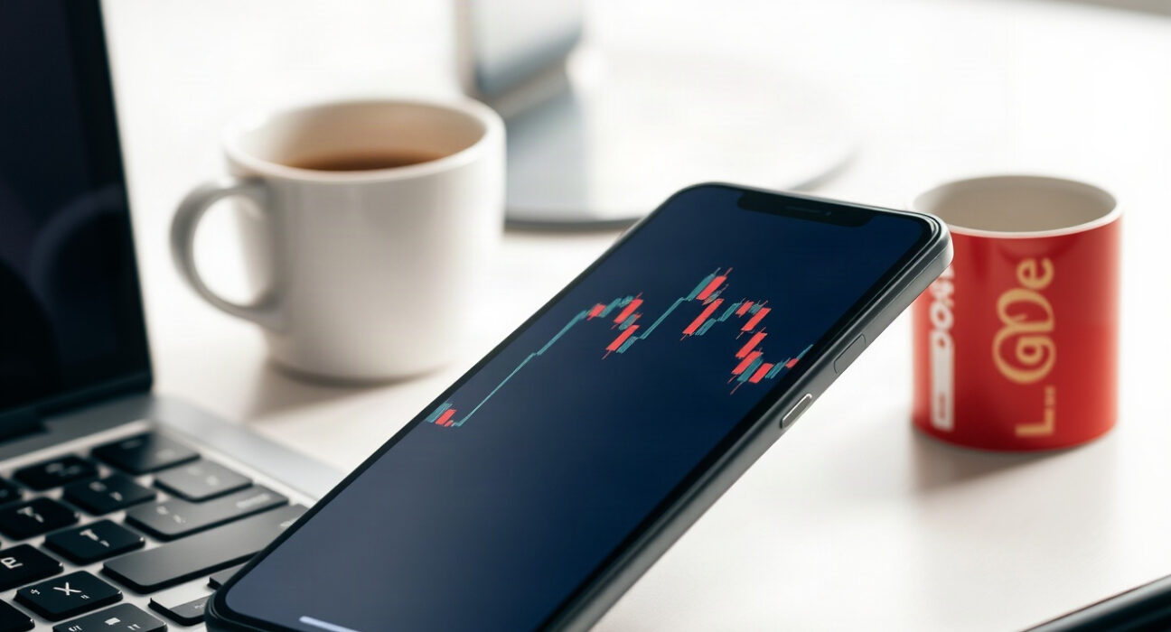 Smartphone showing a flat cryptocurrency price chart on a desk, symbolizing Pi Network's lack of momentum.