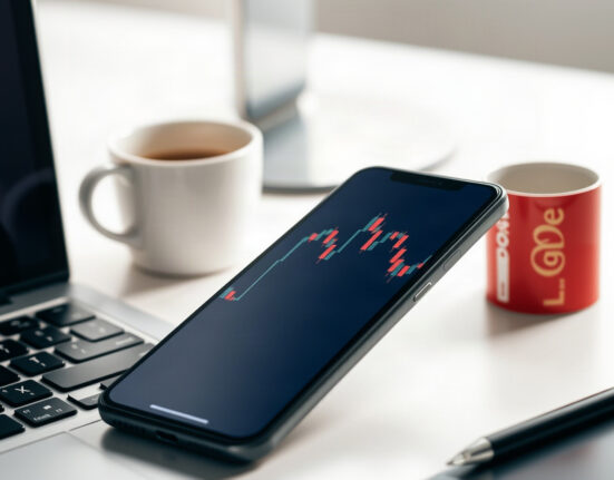 Smartphone showing a flat cryptocurrency price chart on a desk, symbolizing Pi Network's lack of momentum.