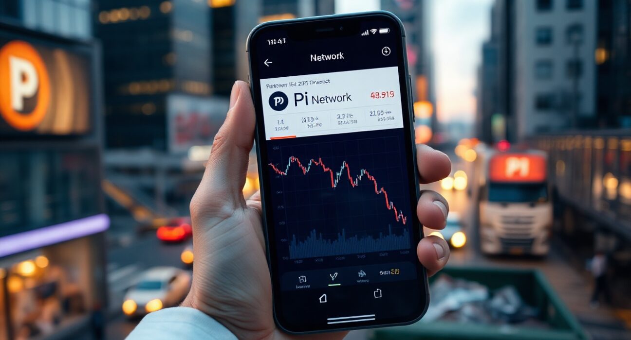 Pi Network app on smartphone showing price chart during market decline