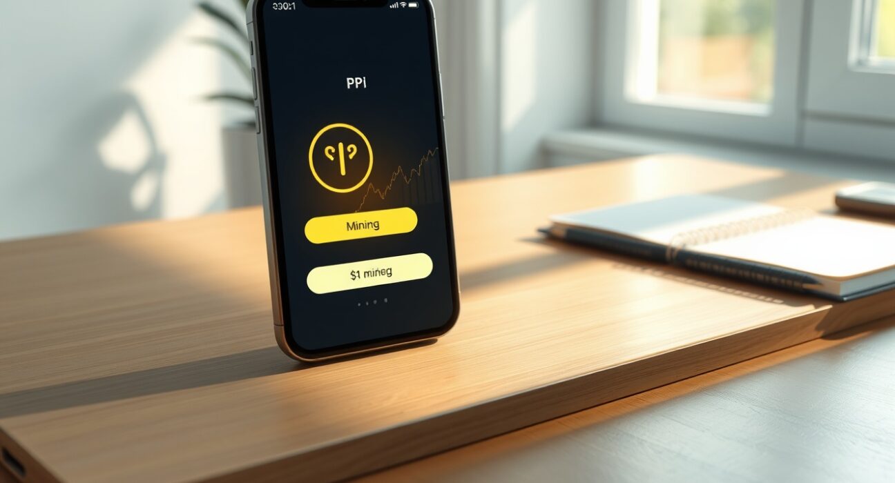 Pi Network price prediction 2026-2030: A smartphone displays the Pi Network app with a mining interface and a rising price chart on a desk.