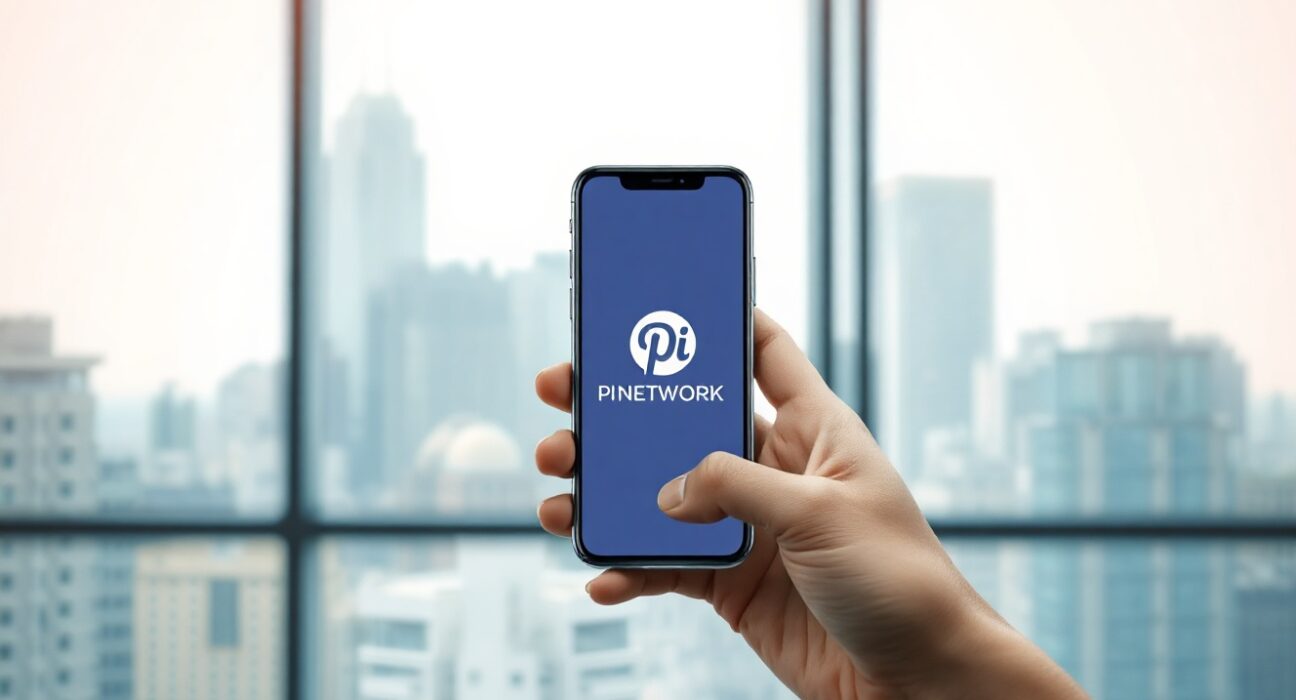 Pi Network mobile app interface on a smartphone in an office setting