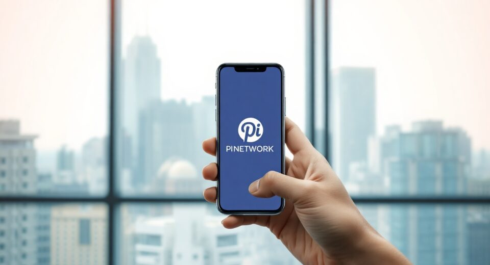 Pi Network mobile app interface on a smartphone in an office setting