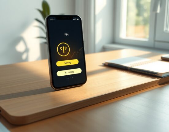 Pi Network price prediction 2026-2030: A smartphone displays the Pi Network app with a mining interface and a rising price chart on a desk.