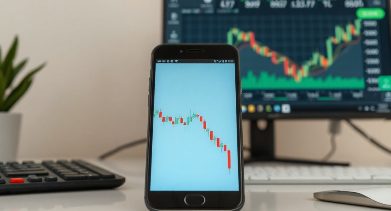 Smartphone displaying a downward-trending Pi Network price chart on a desk
