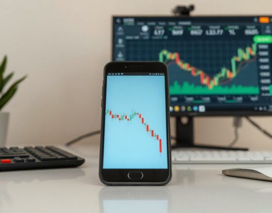 Smartphone displaying a downward-trending Pi Network price chart on a desk