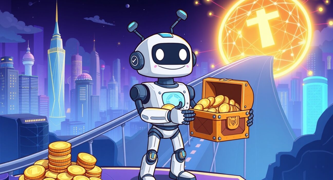 A vibrant cartoon illustrating PIBBLE's successful roadmap connecting AI and blockchain to a new financial ecosystem.