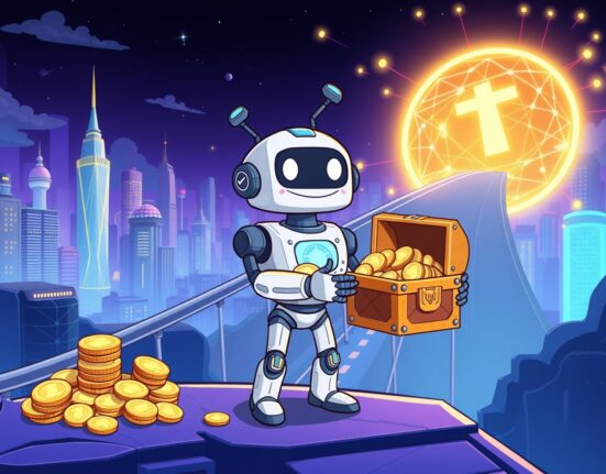 A vibrant cartoon illustrating PIBBLE's successful roadmap connecting AI and blockchain to a new financial ecosystem.