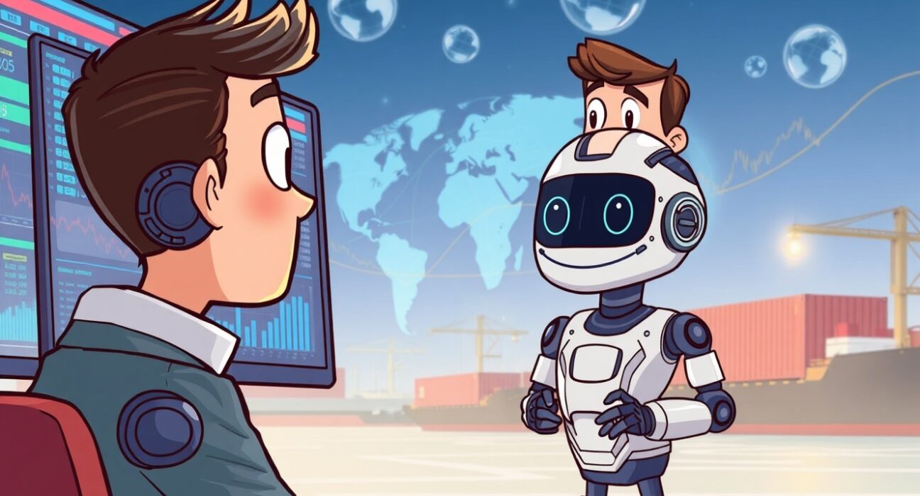 A cartoon illustration showing the Pibble AI platform AION efficiently processing trade data, symbolizing its successful POC.