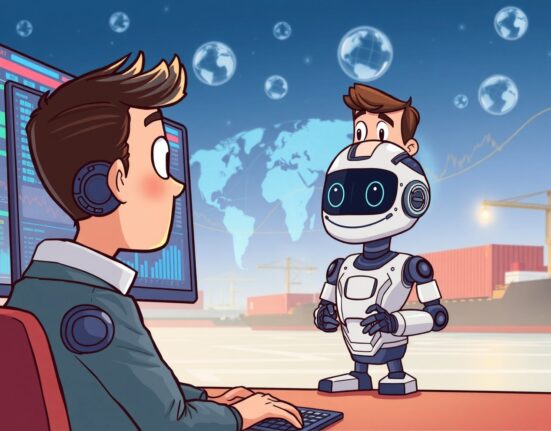 A cartoon illustration showing the Pibble AI platform AION efficiently processing trade data, symbolizing its successful POC.