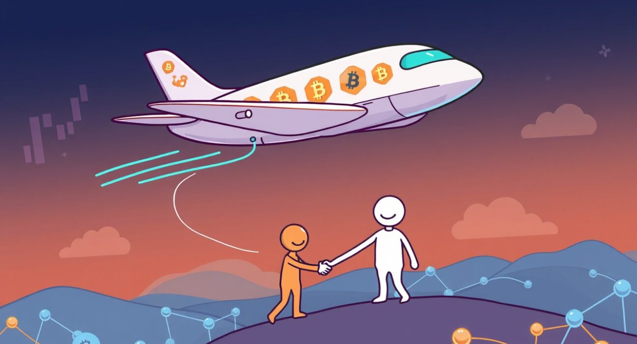 A futuristic aircraft symbolizing blockchain aircraft investment, flying over digital financial charts, representing Pibble and Dreamstone's innovative partnership.