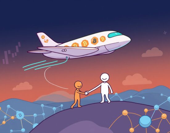 A futuristic aircraft symbolizing blockchain aircraft investment, flying over digital financial charts, representing Pibble and Dreamstone's innovative partnership.
