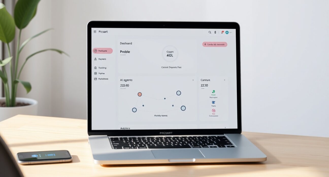 Picsart AI agent marketplace interface on a laptop, symbolizing automated design assistance for creators.