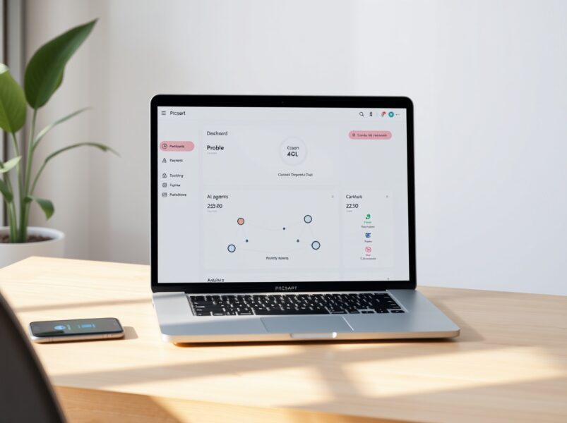 Picsart AI agent marketplace interface on a laptop, symbolizing automated design assistance for creators.