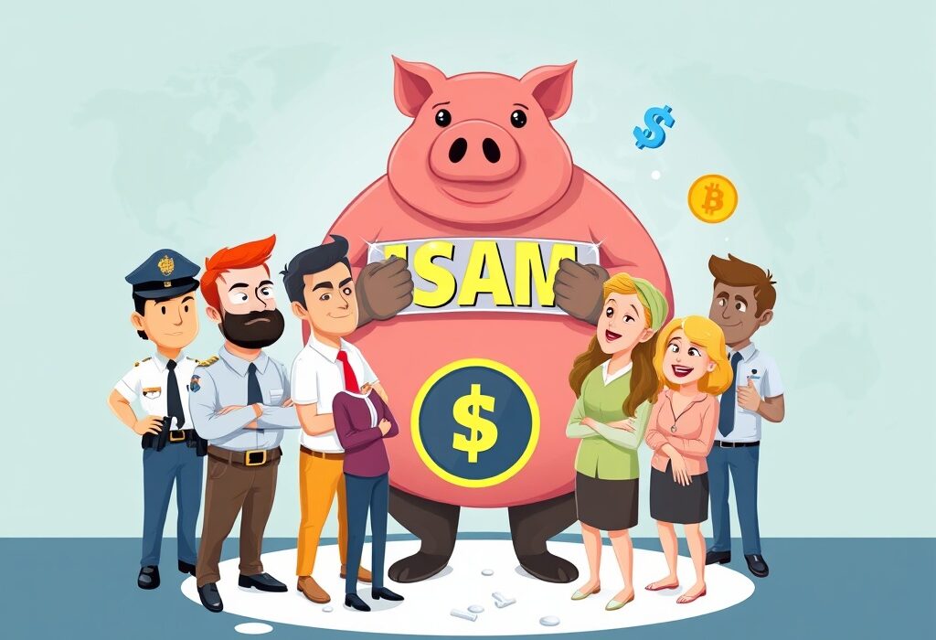 A cartoon illustration showing digital security experts stopping a large pig-butchering scam by freezing digital assets.