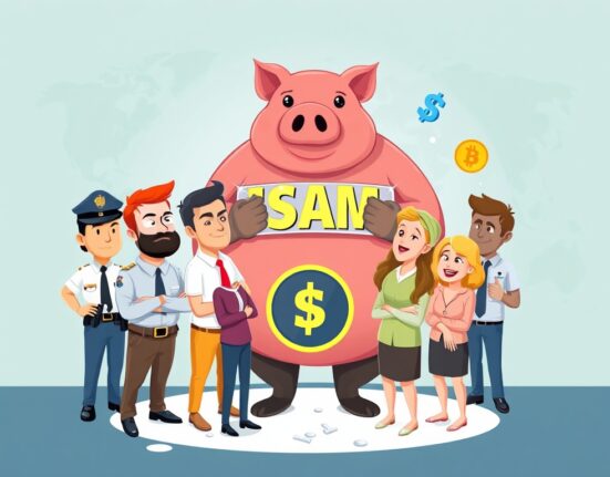 A cartoon illustration showing digital security experts stopping a large pig-butchering scam by freezing digital assets.
