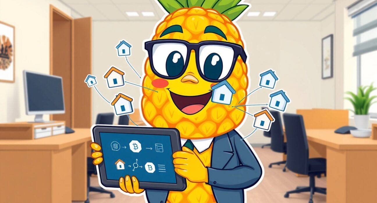 Pineapple Financial migrating mortgage data to Injective blockchain shown as a vibrant cartoon illustration of data security and fintech innovation.